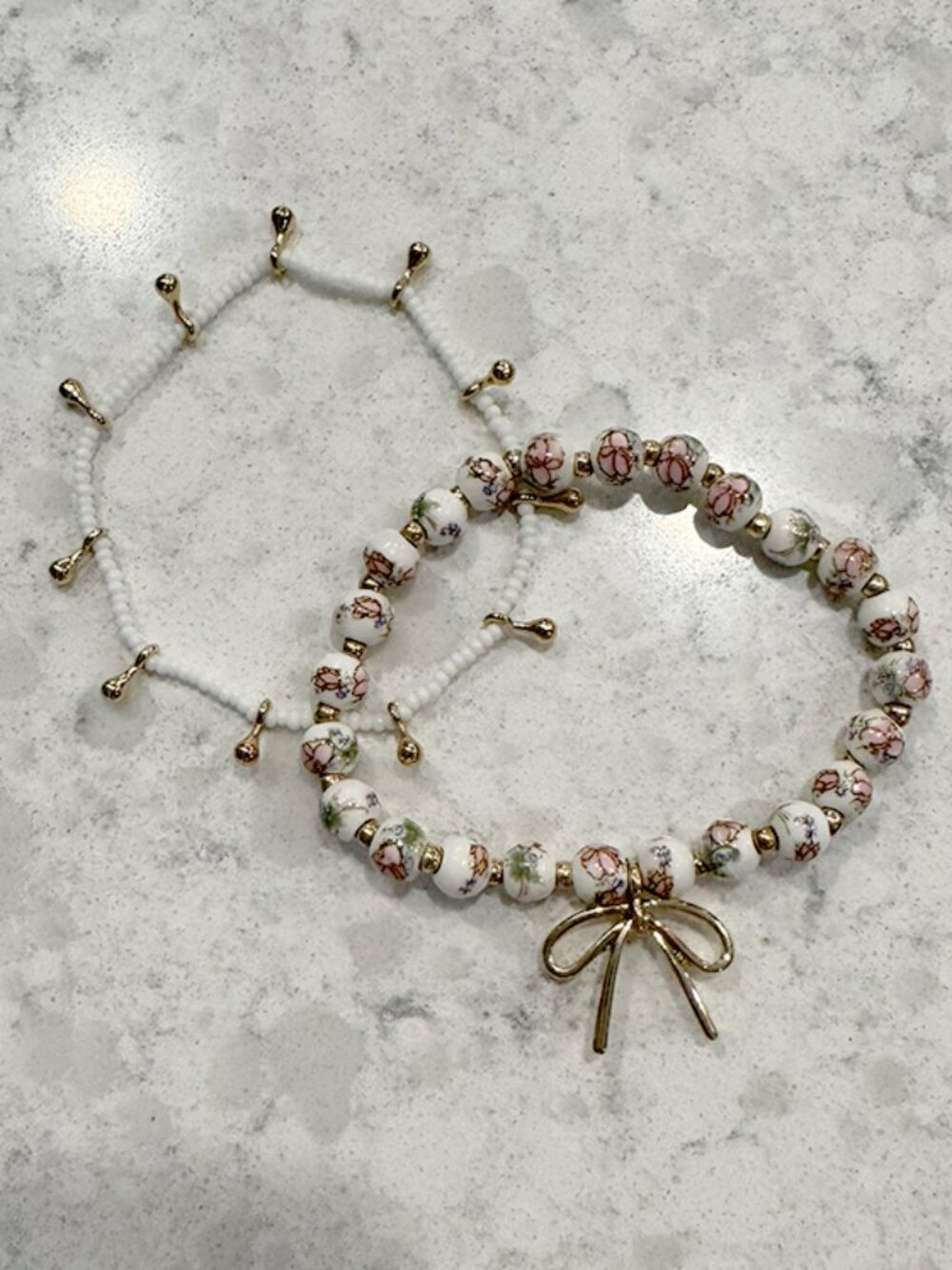 Altar'd State Pink and White Painted Beads and Bow Bracelet Set of 2